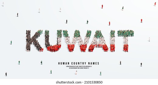 Un gran grupo de personas se alza, haciendo la palabra Kuwait. Bandera de Kuwait hecha de gente. Ilustración vectorial aislada en fondo blanco.