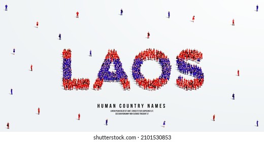 A large group of people stands, making up the word Laos. Laos flag made from people crowd. Vector illustration isolated on white background.