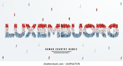 A large group of people stands, making up the word Luxembourg. Luxembourg flag made from people crowd. Vector illustration isolated on white background.
