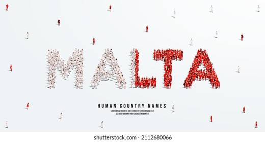 Eine große Gruppe von Leuten steht, die das Wort Malta ausmachen. Die maltesische Flagge wurde aus der Menge der Menschen. Vektorgrafik einzeln auf weißem Hintergrund.