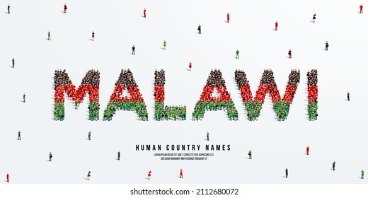 Un gran grupo de personas está de pie, y forman la palabra Malawi. Bandera de Malawi hecha de la multitud. Ilustración vectorial aislada en fondo blanco.