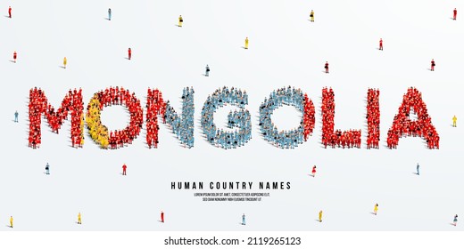 A large group of people stands, making up the word Mongolia. Mongolia flag made from people crowd. Vector illustration isolated on white background.