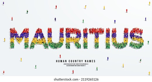 A large group of people stands, making up the word Mauritius. Mauritius flag made from people crowd. Vector illustration isolated on white background.