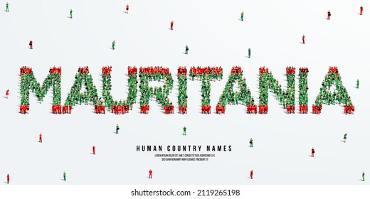 A large group of people stands, making up the word Mauritania. Mauritania flag made from people crowd. Vector illustration isolated on white background.