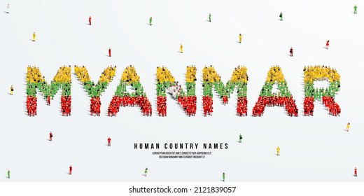 A large group of people stands, making up the word Myanmar. Burma flag made from people crowd. Vector illustration isolated on white background.