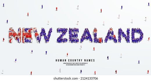 A large group of people stands, making up the word New Zealand. New Zealand flag made from people crowd. Vector illustration isolated on white background.