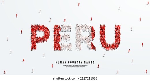 A large group of people stands, making up the word Peru. Peru flag made from people crowd. Vector illustration isolated on white background.