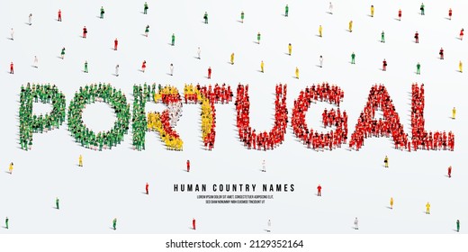 A large group of people stands, making up the word Portugal. Portugal flag made from people crowd. Vector illustration isolated on white background.