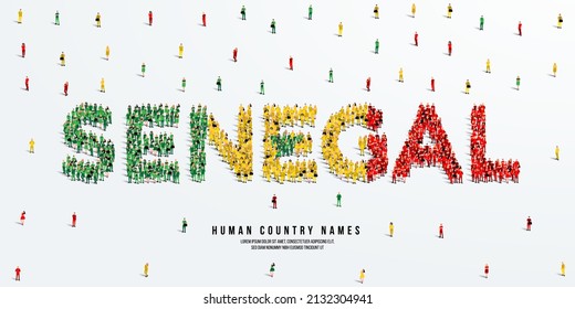 Un gran grupo de personas se alza, conformando la palabra Senegal. Bandera de Senegal hecha de gente. Ilustración vectorial aislada en fondo blanco.