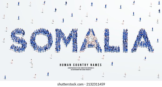 A large group of people stands, making up the word Somalia. Somalia flag made from people crowd. Vector illustration isolated on white background.