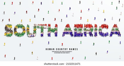 A large group of people stands, making up the word South Africa. South Africa flag made from people crowd. Vector illustration isolated on white background.