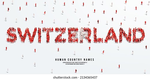 A large group of people stands, making up the word Switzerland. Switzerland flag made from people crowd. Vector illustration isolated on white background.