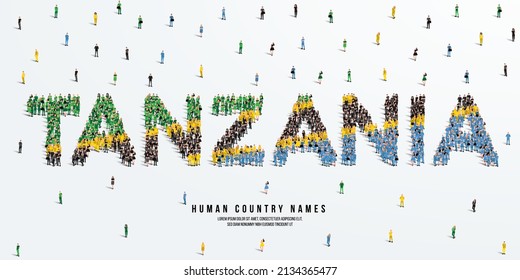 A large group of people stands, making up the word Tanzania. Tanzania flag made from people crowd. Vector illustration isolated on white background.