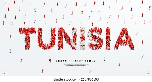 Un gran grupo de personas se alza, formando la palabra Túnez. Bandera de Túnez hecha de la multitud. Ilustración vectorial aislada en fondo blanco.