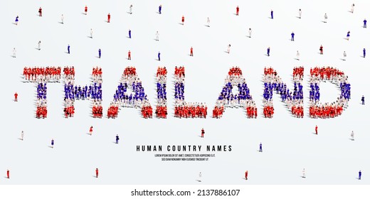 Un gran grupo de personas se alza, haciendo la palabra Tailandia. Bandera de Tailandia hecha de gente. Ilustración vectorial aislada en fondo blanco.