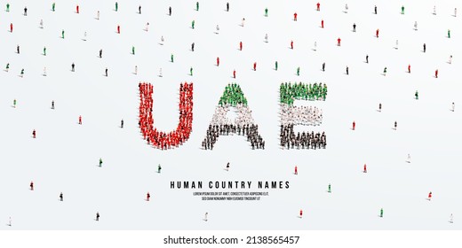 Un gran grupo de personas se alza, conformando la palabra Emiratos Árabes Unidos. Bandera de los Emiratos Árabes Unidos hecha de la multitud. Ilustración vectorial aislada en fondo blanco.