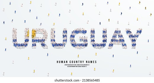 A large group of people stands, making up the word Uruguay. Uruguay flag made from people crowd. Vector illustration isolated on white background.