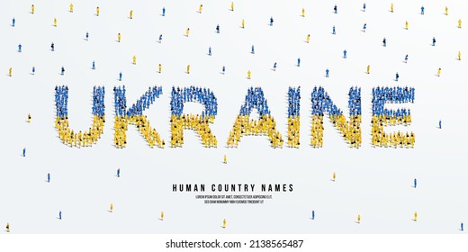 A large group of people stands, making up the word Ukraine. Ukraine flag made from people crowd. Vector illustration isolated on white background.