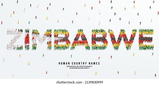 Un gran grupo de personas se alza, formando la palabra Zimbabue. Bandera de Zimbabue hecha de la multitud popular. Ilustración vectorial aislada en fondo blanco.