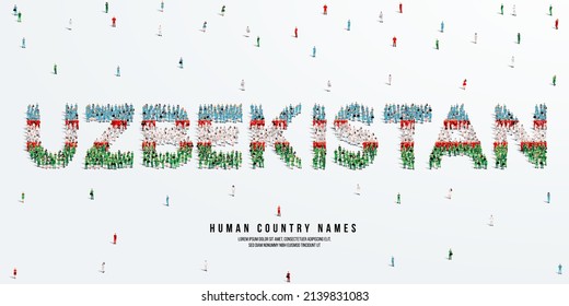 A large group of people stands, making up the word Uzbekistan. Uzbekistan flag made from people crowd. Vector illustration isolated on white background.