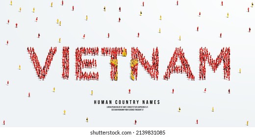 A large group of people stands, making up the word Vietnam. Vietnam flag made from people crowd. Vector illustration isolated on white background.