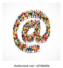 Large group of people stands in the at symbol. Vector illustration on white background. Concept email address.

