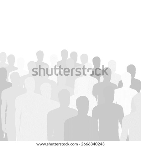 A large group of people stands in unity against a white background, their silhouettes creating a striking contrast. The crowd faces the same direction, emphasizing movement and collective purpose.