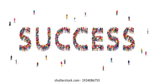 A large group of people stands in the word Success. The concept of a successfully completed task, winning, winning something. Vector illustration isolated on white background.