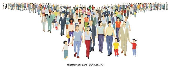 Large Group Of People Step Forward, On White Background. Vector Illustration