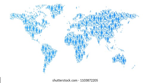 Large group of people symbol forming world map, Disabled Handicap Icon, Men Icon, Women Icon