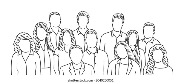 Large group of people. Teamwork concept. Hand drawn vector illustration. Black and white.
