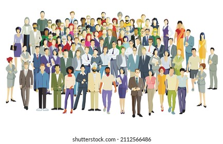 a large group of people together, isolated on white background. illustration