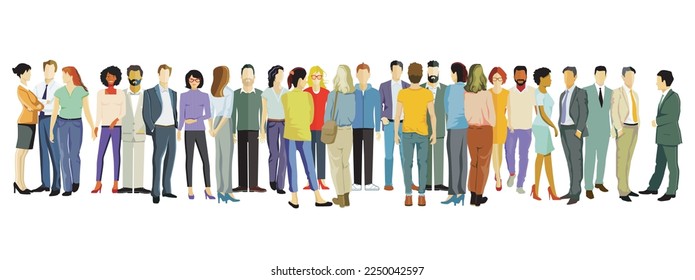 A large group of people together, isolated on white background. Illustration,
