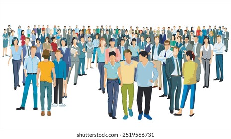 A large group of people together, isolated on white background, illustration