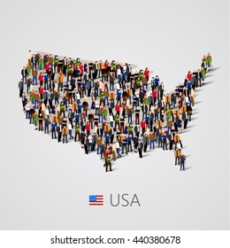 Large group of people in United States of America or USA map with infographics elements. Usa map with chart, statistic and visualization templates. Background for presentation. Vector illustration