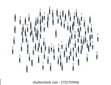 A large group of people.. Vector illustration. A large group of people is crowded on a white background. man in a crowd of stick people, red male stick figure surrounded by huge crowd. 