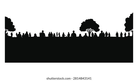 Large group of people walking in public park with trees scattered around illustrated in black silhouette for urban design use.