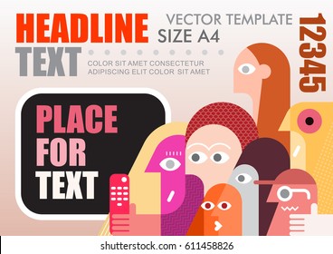 Large Group Of People Watching TV Vector Template Design, Size A4. Flyer Mock Up With Place For Text. 