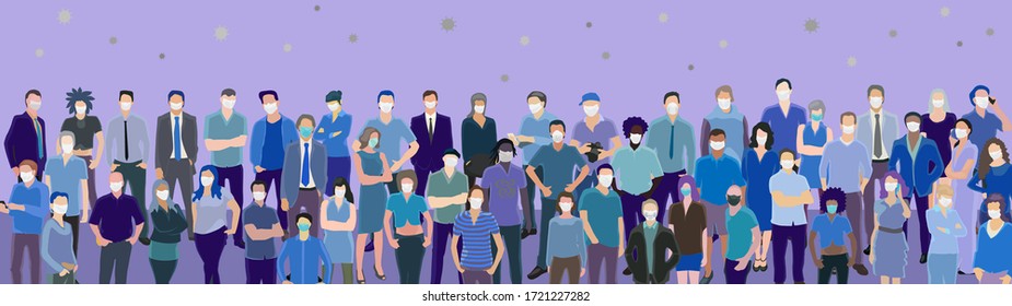 Large Group Of People Wearing Protective Medical Masks Are Standing Frontal, Conceptual Illustration On Epidemic Covid-19 Theme