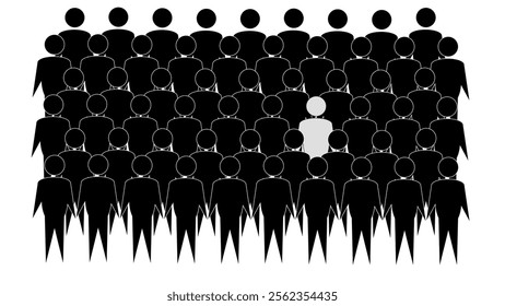 Large group of people where one person stands out, individuality concept, in crowd of black figures of people there is white man, human resource and team leadership concept, black vector team icon