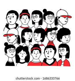 Large group of people.girls and boys.a background to make a crowd out of. Color vector illustration on a white background. hand drawn style in a flat design.for posters, postcards, banners.
