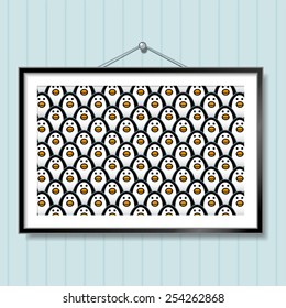 Large Group Photo of Penguins in Picture Frame Hanging on Blue Wallpaper Background