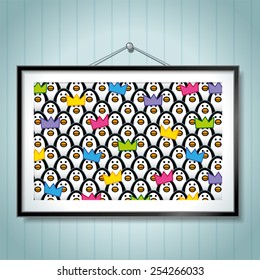 Large Group Photo of Penguins wearing Party Hats in Picture Frame Hanging on Blue Wallpaper Background 