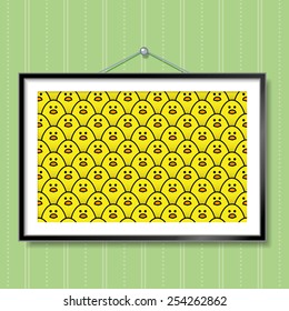 Large Group Photo of Yellow Chicks in Picture Frame Hanging on Green Wallpaper Background 