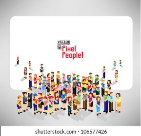 a large group of pixel people with blank board vector icon design