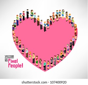 a large group of pixel people forming into love shape vector icon design