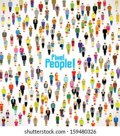 a large group of pixel people gather together vector icon design