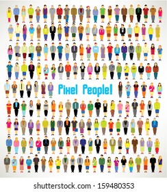 a large group of pixel people gather together vector icon design