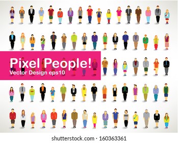 A Large Group Of Pixel People Gather Together Vector Icon Design