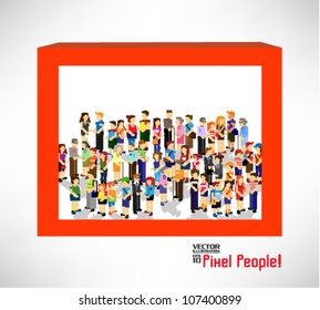 a large group of pixel people inside a border vector icon design